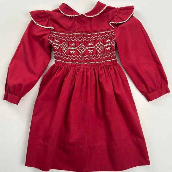 Polly Flinders Smocked Dress Ruffle Collar Long Sleeve Vintage Red Size 4‎ - Picture 1 of 4